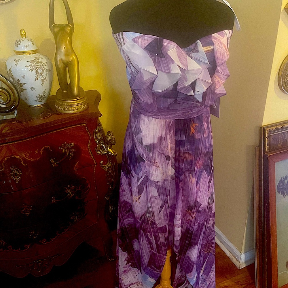 JS Collections Purple Asymmetrical Floral Ruffle Maxi Dress NWT - Size 14